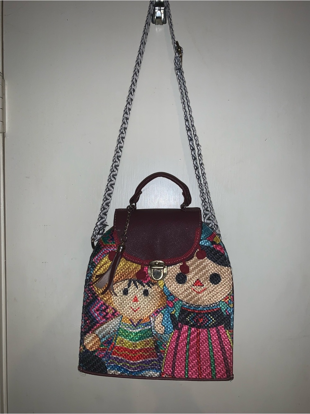Folk Art Doll Convertible Backpack Purse Boho Crossbody Bag - Picture 11 of 12